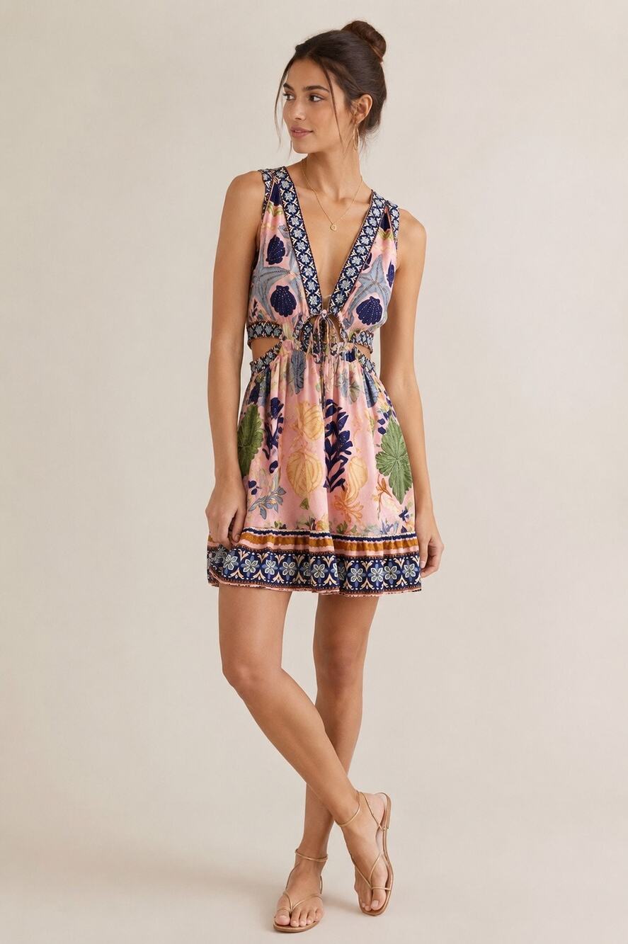 FARM Rio Tapestry Seashell Print Linen Blend Cutout Mini Dress Size Small - Picture 1 of 7